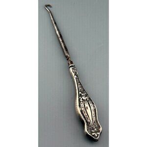 Vintage Sterling Silver Handle Button Hook w/ Steel Hook Floral 7 3/4"